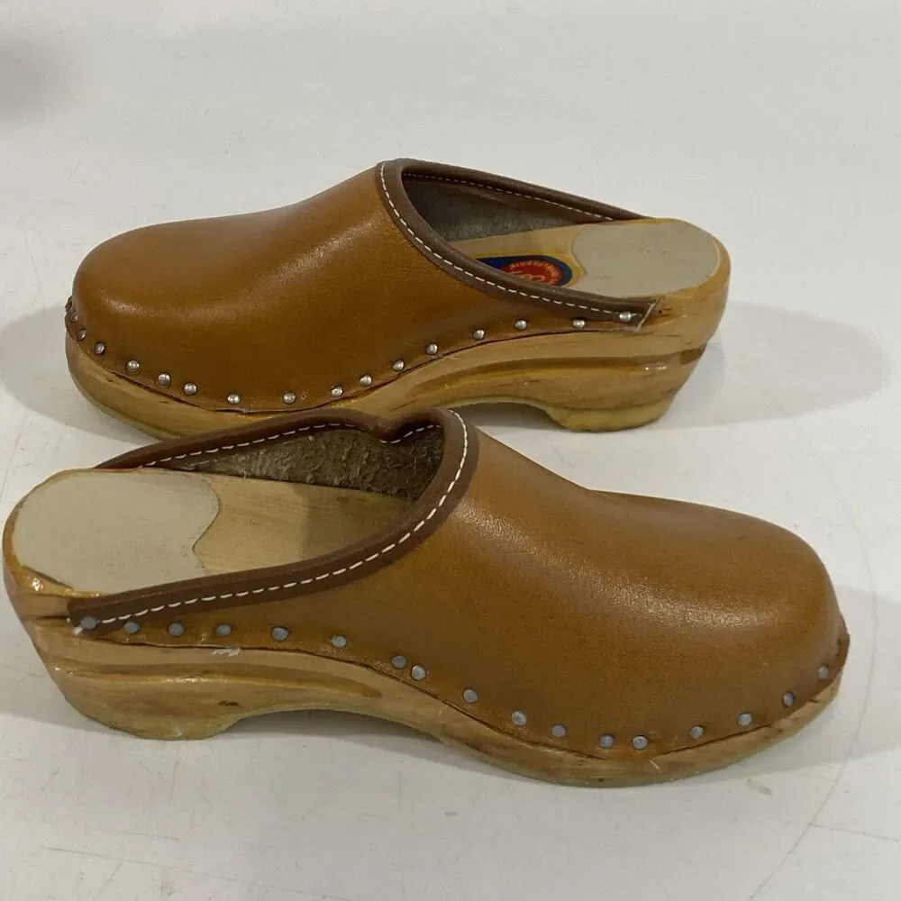 Vintage Girls Swedish Bastad-Toffeln Wood & Tan Leather Clogs Size 24 Us 8‎